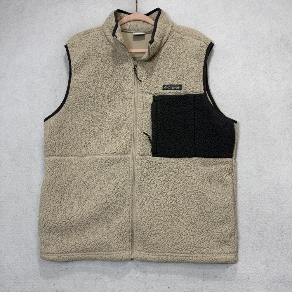 Columbia Vest Mens Large Beige Sherpa Fleece Full Zip Chest Pocket Outdoor